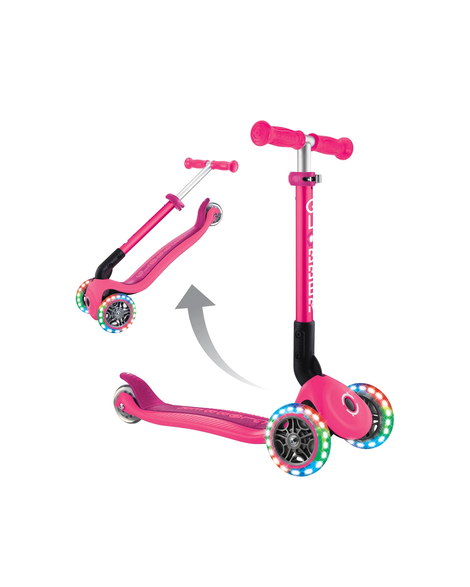 Globber Junior Primo Foldable Lights Scooter Fuchsia Pink