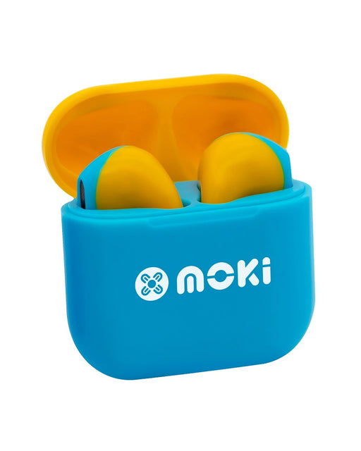 MokiPods Mini TWS Earphones for Kids Volume Limited Blue Yellow