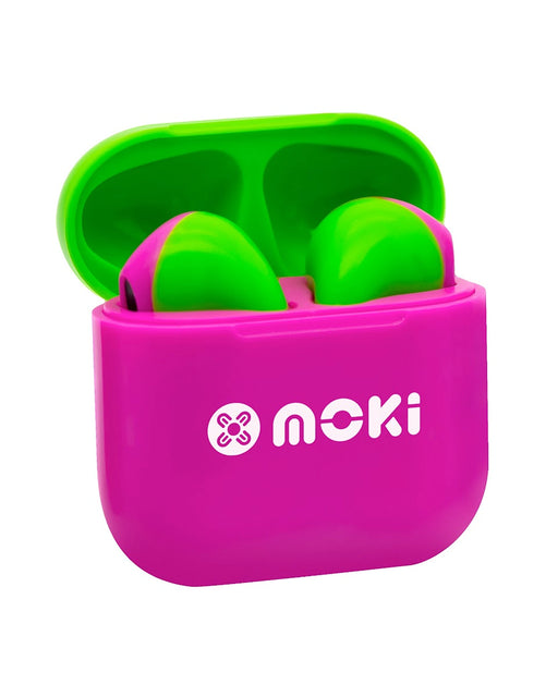 MokiPods Mini TWS Earphones for Kids Volume Limited Pink Green