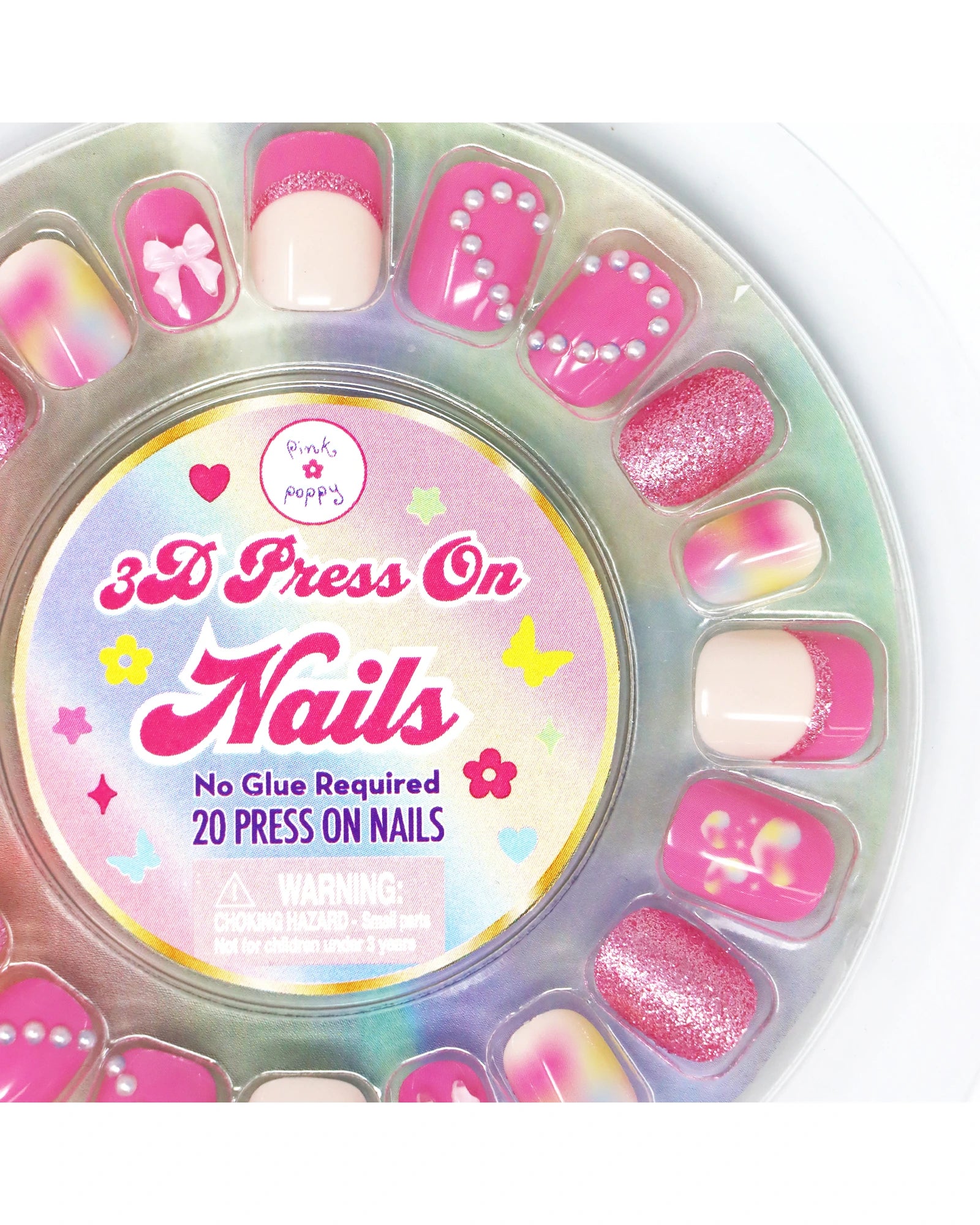 Pink Poppy Tween 3D Love Heart Press On Nails