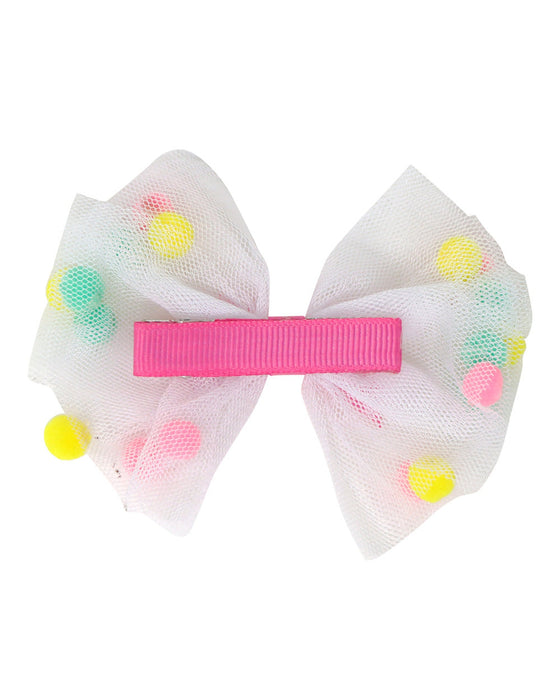 Pink Poppy Mesh Bow with Pom Pom Hairclip