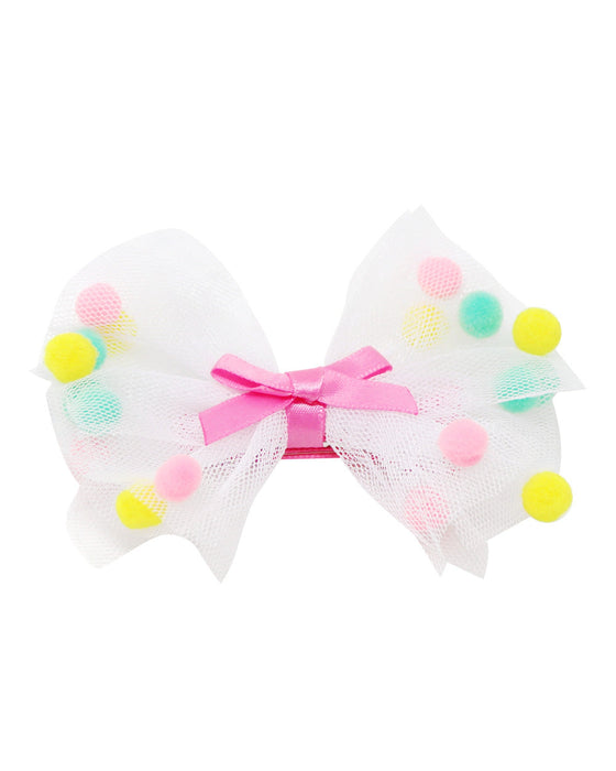 Pink Poppy Mesh Bow with Pom Pom Hairclip