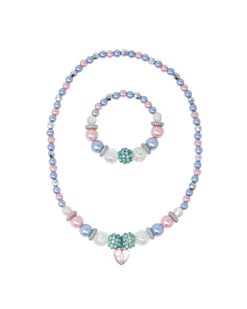 Pink Poppy Blue Ice Princess Stretch Pearl Beaded Necklace and Bracelet